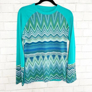 Prana Blue & Green Chevron Print Athletic Long Sleeve Tee Women's Size Medium